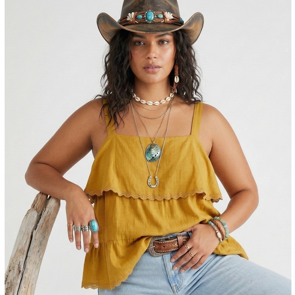 White Birch Tiered Ruffle Solid Camisole Top Mustard Boho Lace Trim Size 1XL